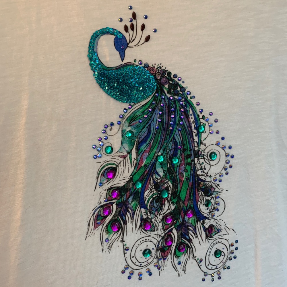 Krazy Kat Sequined & Jeweled Peacock Tee L